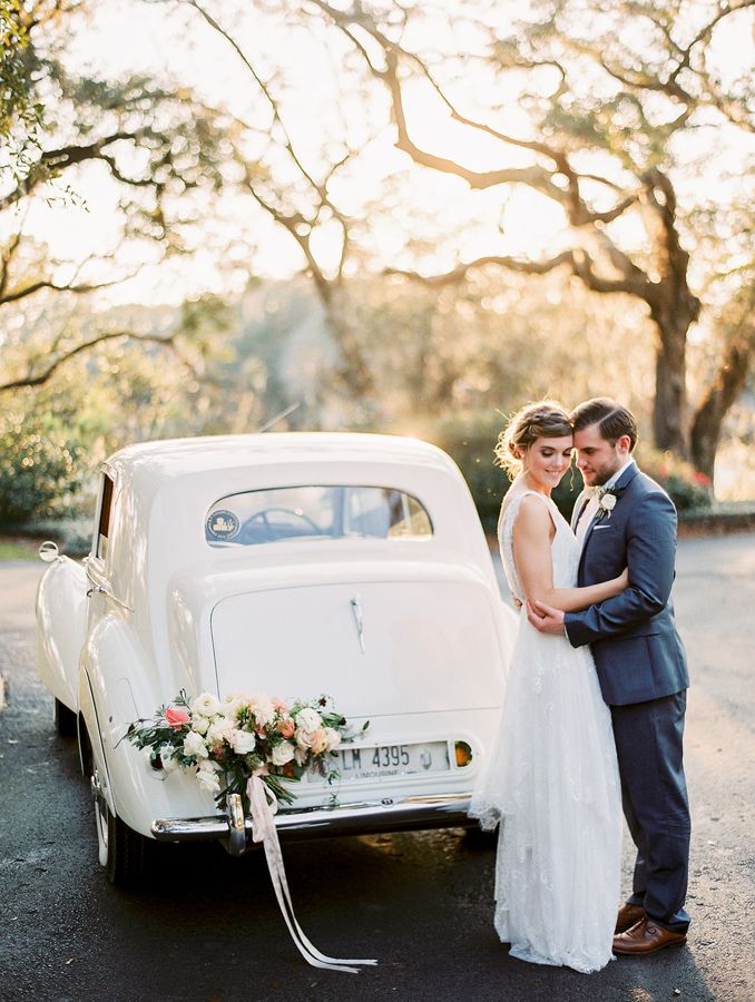 Flower garland on a vintage car